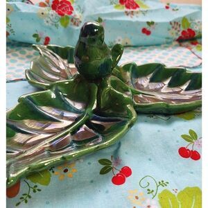 Vintage midcentury ceramic iridescent blue green divided bird dish nuts candy
